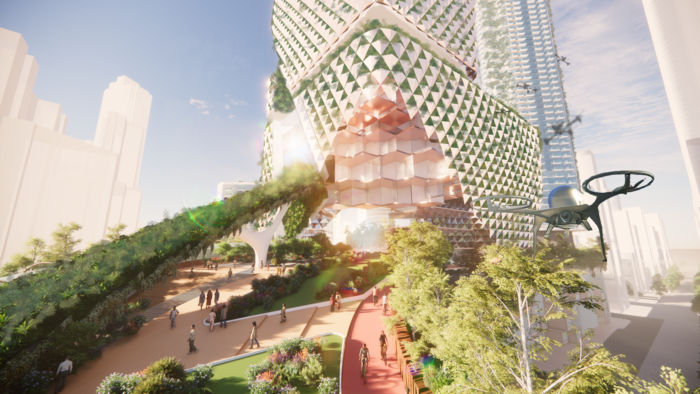 「天空之塔」仿傚大自然的生態而設計，將建築物轉化為如生命體般運作的建築系統（Life Machines）。